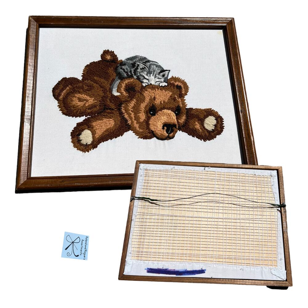 Framed Crewel Yarn Art Sleeping Kitten on Teddy Bear Wall Art